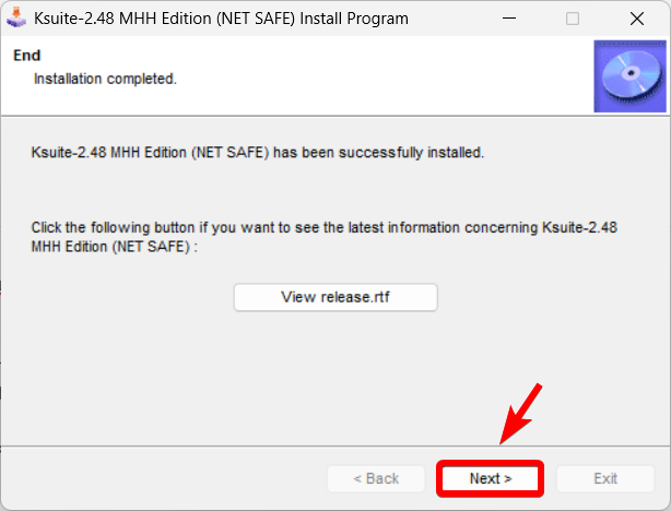 Окно завершения установки K-Suite 2.48. Нажмите Next.