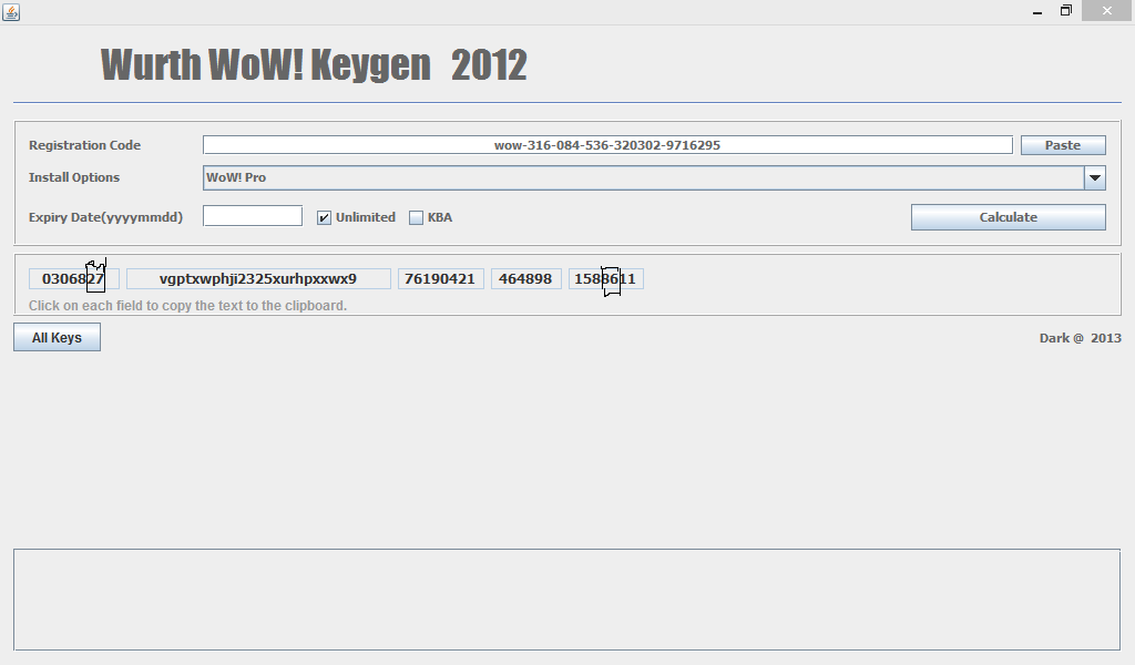 Окно Keygen. Введите ваш ключ, выберите &quot;WoW! Pro&quot; и нажмите &quot;Calculate&quot;.