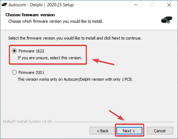 Окно выбора версии прошивки. Внимательно выберите нужную версию в зависимости от типа вашего сканера.