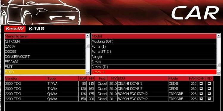 KESS Vehicle Selection