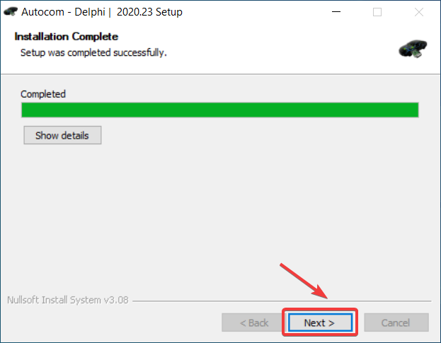 Кнопка "Next" в окне завершения установки.