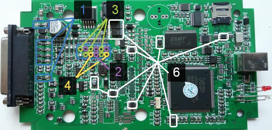 Плата Kess v2 с указанием мест доработки